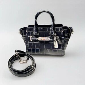 Coach Vintage SWAGGER 20 Croc Embossed Navy Denim Satchel W/Crossbody EUC 37186
